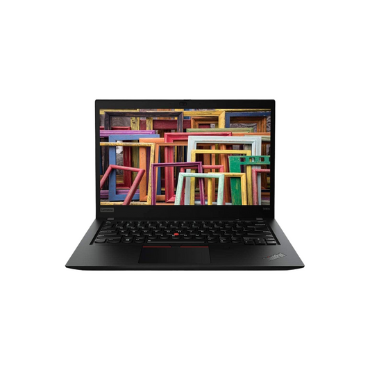 Laptop with colorful bookshelf design on screen against a white background
