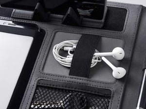 Executive Black Fabric & Leather Meeting Folder with Phone Holder, Card Slots, Pen Insert, Sticky Notes & Anti-Slip Elastic Band Description: Elevate your organizational game with this sophisticated