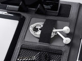 Executive Black Fabric & Leather Meeting Folder with Phone Holder, Card Slots, Pen Insert, Sticky Notes & Anti-Slip Elastic Band Description: Elevate your organizational game with this sophisticated