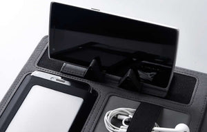 Executive Black Fabric & Leather Meeting Folder with Phone Holder, Card Slots, Pen Insert, Sticky Notes & Anti-Slip Elastic Band Description: Elevate your organizational game with this sophisticated