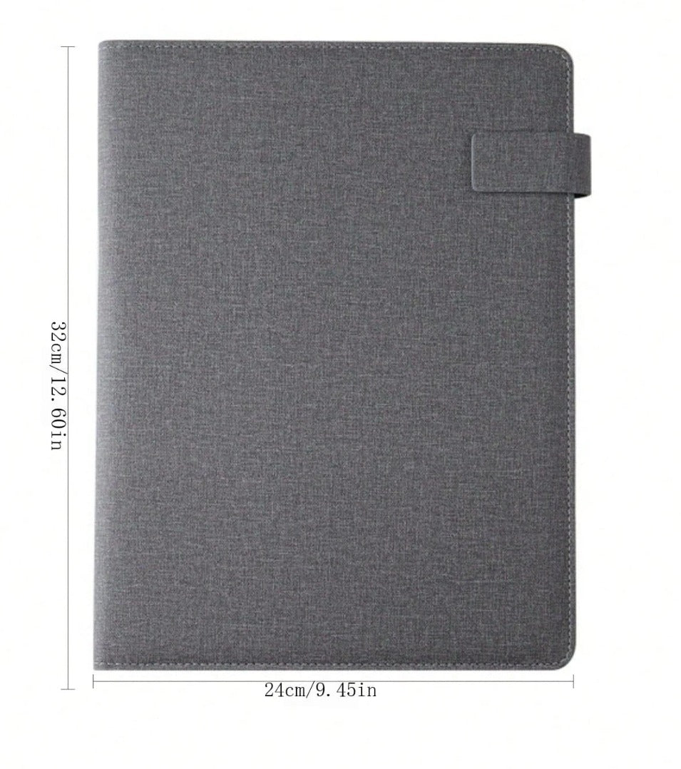 Executive Black Fabric & Leather Meeting Folder with Phone Holder, Card Slots, Pen Insert, Sticky Notes & Anti-Slip Elastic Band Description: Elevate your organizational game with this sophisticated
