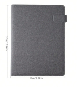 Executive Black Fabric & Leather Meeting Folder with Phone Holder, Card Slots, Pen Insert, Sticky Notes & Anti-Slip Elastic Band Description: Elevate your organizational game with this sophisticated