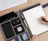 Executive Black Fabric & Leather Meeting Folder with Phone Holder, Card Slots, Pen Insert, Sticky Notes & Anti-Slip Elastic Band Description: Elevate your organizational game with this sophisticated