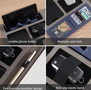 Executive Black Fabric & Leather Meeting Folder with Phone Holder, Card Slots, Pen Insert, Sticky Notes & Anti-Slip Elastic Band Description: Elevate your organizational game with this sophisticated