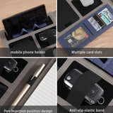 Executive Black Fabric & Leather Meeting Folder with Phone Holder, Card Slots, Pen Insert, Sticky Notes & Anti-Slip Elastic Band Description: Elevate your organizational game with this sophisticated