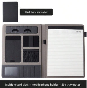 Executive Black Fabric & Leather Meeting Folder with Phone Holder, Card Slots, Pen Insert, Sticky Notes & Anti-Slip Elastic Band Description: Elevate your organizational game with this sophisticated