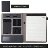 Executive Black Fabric & Leather Meeting Folder with Phone Holder, Card Slots, Pen Insert, Sticky Notes & Anti-Slip Elastic Band Description: Elevate your organizational game with this sophisticated
