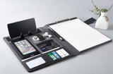 Executive Black Fabric & Leather Meeting Folder with Phone Holder, Card Slots, Pen Insert, Sticky Notes & Anti-Slip Elastic Band Description: Elevate your organizational game with this sophisticated