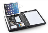 Executive Black Fabric & Leather Meeting Folder with Phone Holder, Card Slots, Pen Insert, Sticky Notes & Anti-Slip Elastic Band Description: Elevate your organizational game with this sophisticated