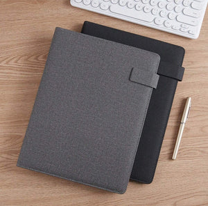 Executive Black Fabric & Leather Meeting Folder with Phone Holder, Card Slots, Pen Insert, Sticky Notes & Anti-Slip Elastic Band Description: Elevate your organizational game with this sophisticated