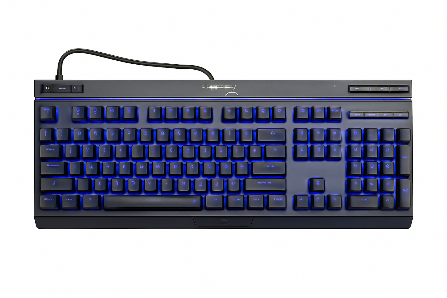 Black keyboard with blue backlighting on a white background